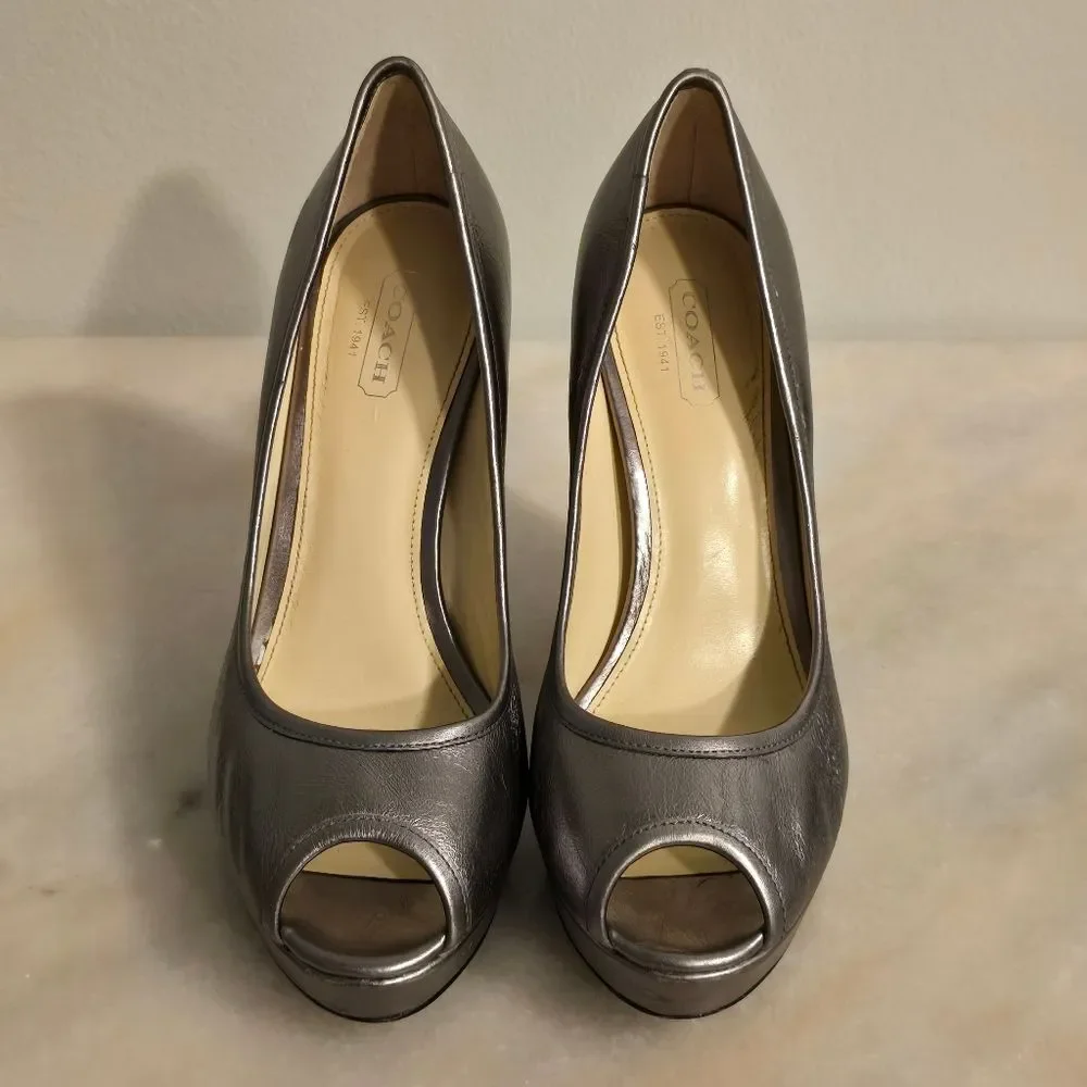 COACH Breana leather peep toe platform heels in pewter metallic 7.5